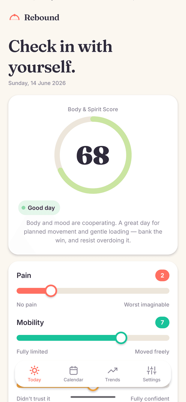 The Rebound daily check-in: a Body & Spirit Score of 68, a Good day, with sliders for pain and mobility